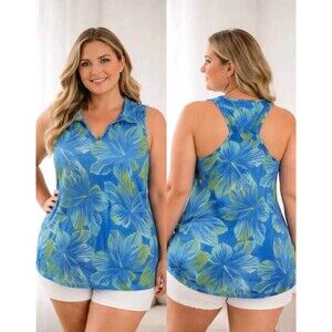 KAIPAR Womens XXL Tropical Floral Hawaiian Tank Top Collar Razorback Golf Blue